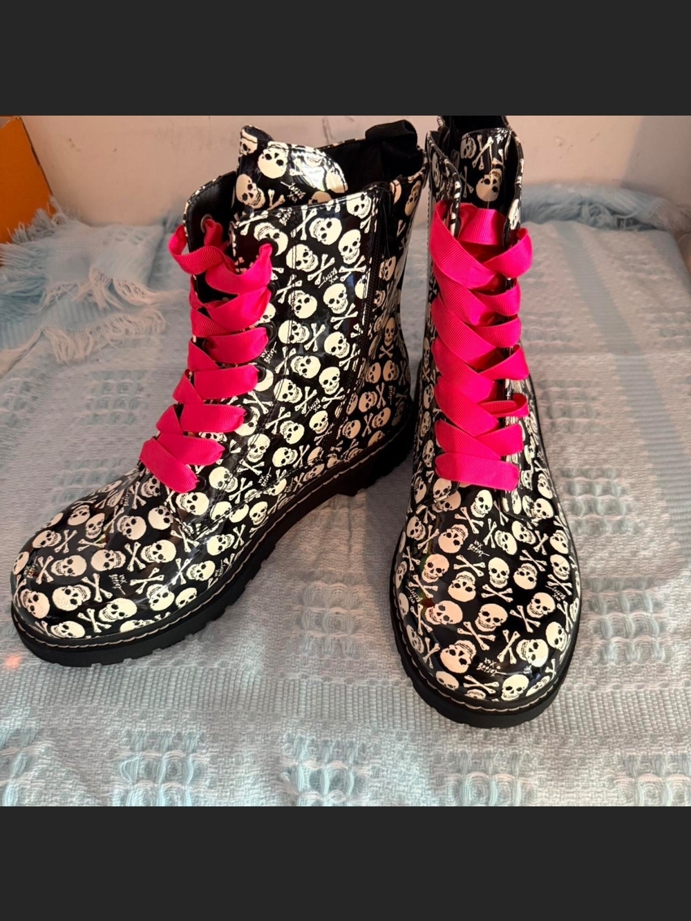 Betsey Johnson Skull Print Combat Boots with Hot Pink Laces